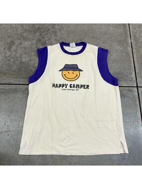 vintage happy camper lake george new york destination beige smiley face tank top